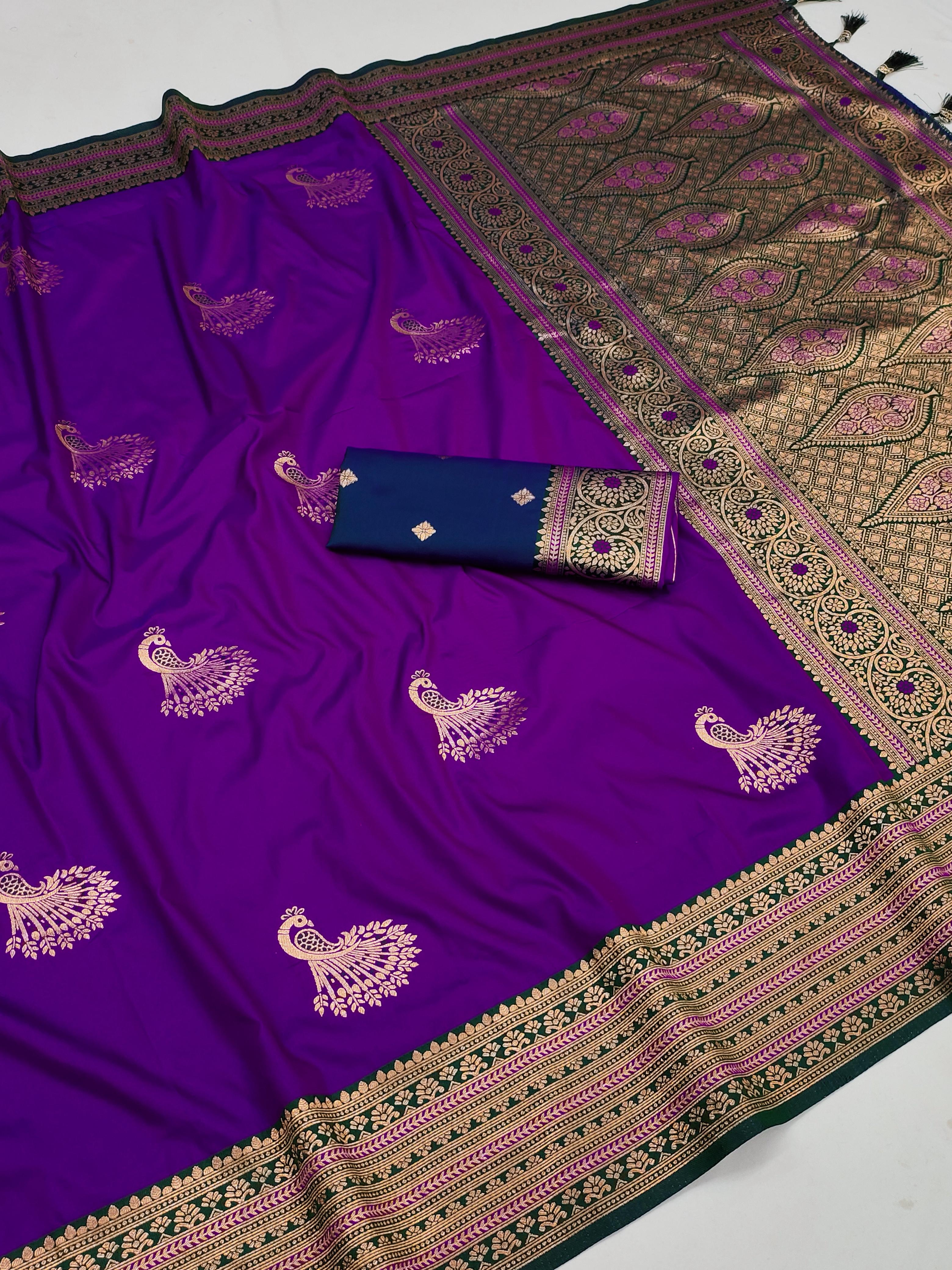 Soft Silk Zari Weaving Paithani Style Peacock hues dancing Saree.
